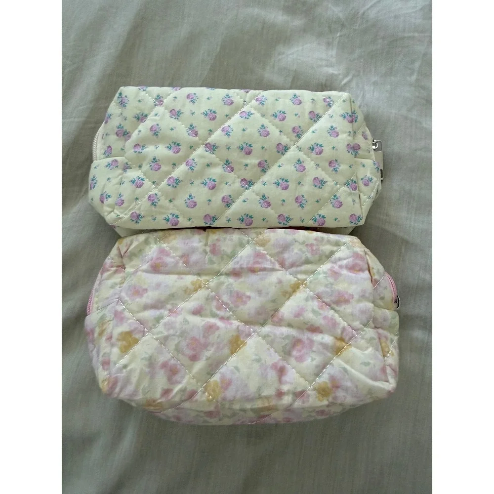 Handmade Quilted Floral Cosmetic Bag Set Cottagecore Coquette Makeup Pouches